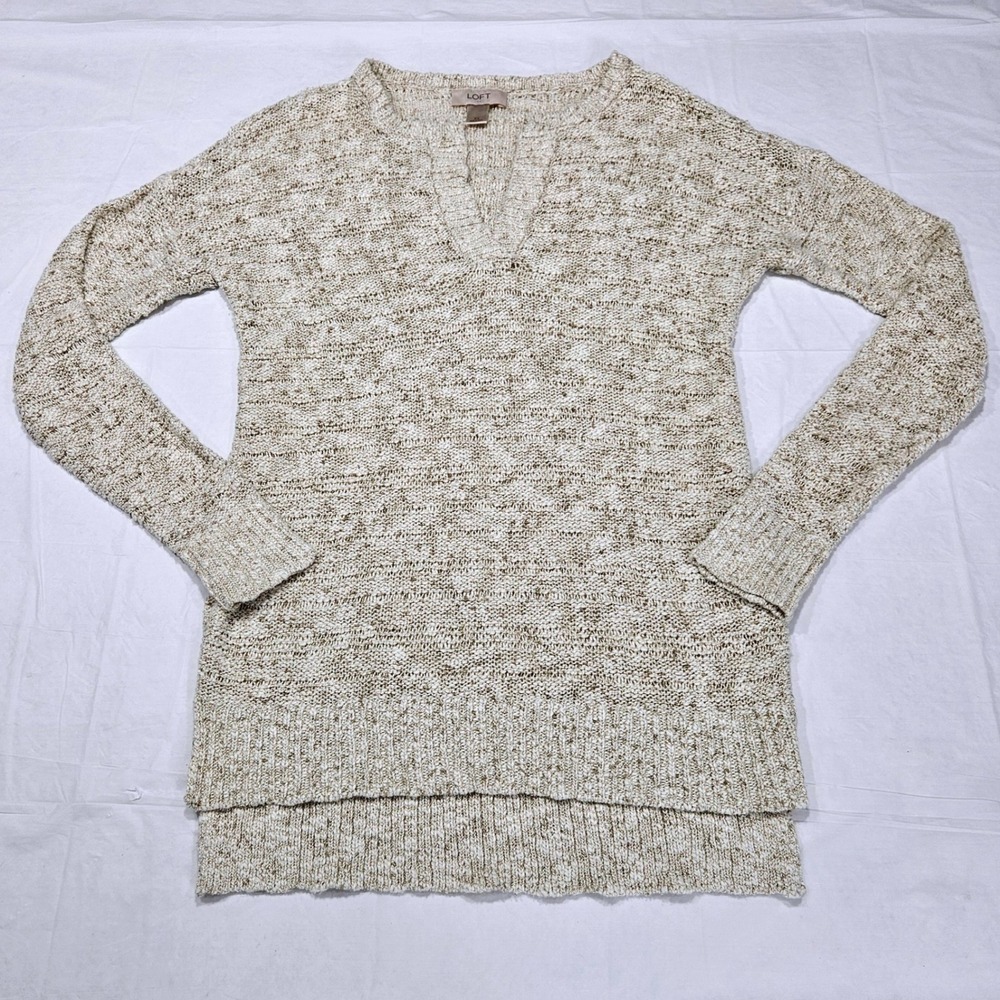 LOFT Womens XS Beige Marled Knit V-Neck High-Low Pullover Sweater